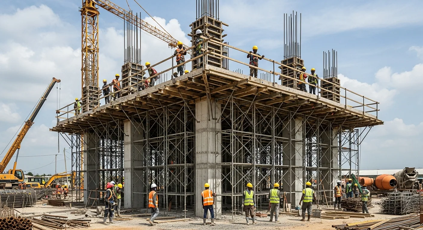 Building construction site with workers and a structural concrete frame